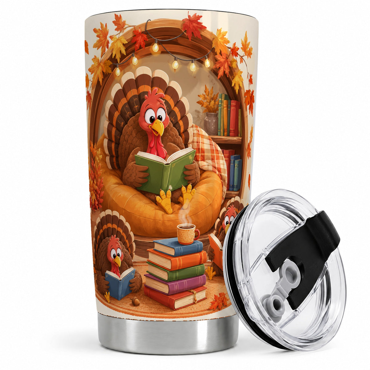 Thanksgiving Reading Turkey Tumbler, 20oz Tumbler with Cozy Book Art
