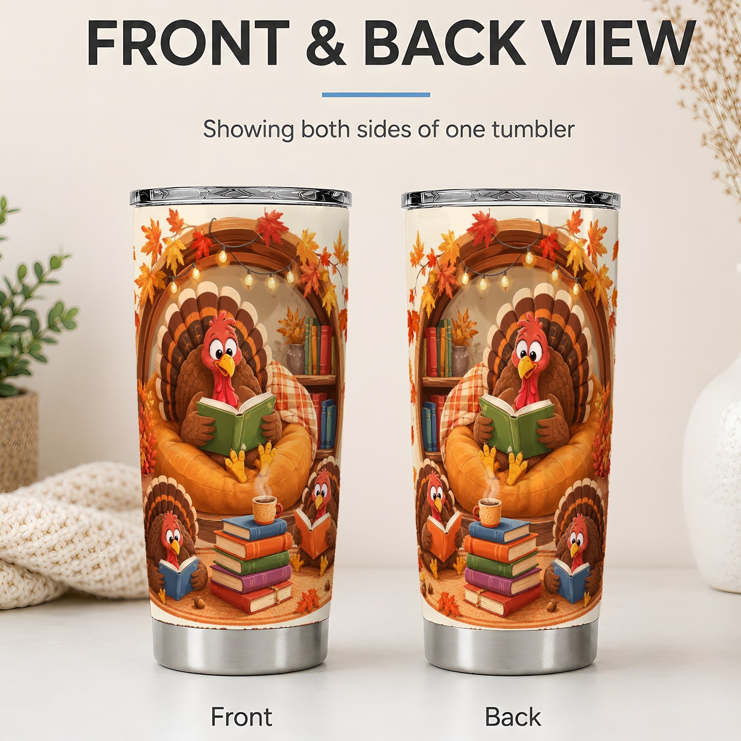 #pl[20oz|Steel] Thanksgiving Reading Turkey Tumbler, 20oz Tumbler with Cozy Book Art
