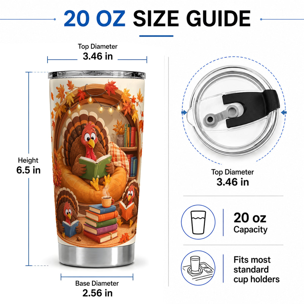 #pl[20oz|Steel] Thanksgiving Reading Turkey Tumbler, 20oz Tumbler with Cozy Book Art