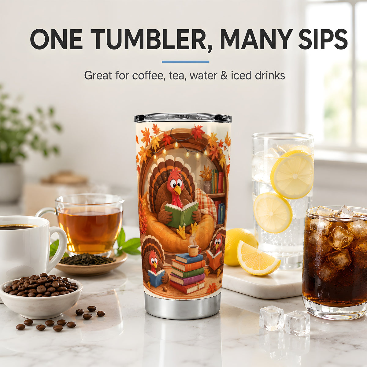 #pl[20oz|Steel] Thanksgiving Reading Turkey Tumbler, 20oz Tumbler with Cozy Book Art