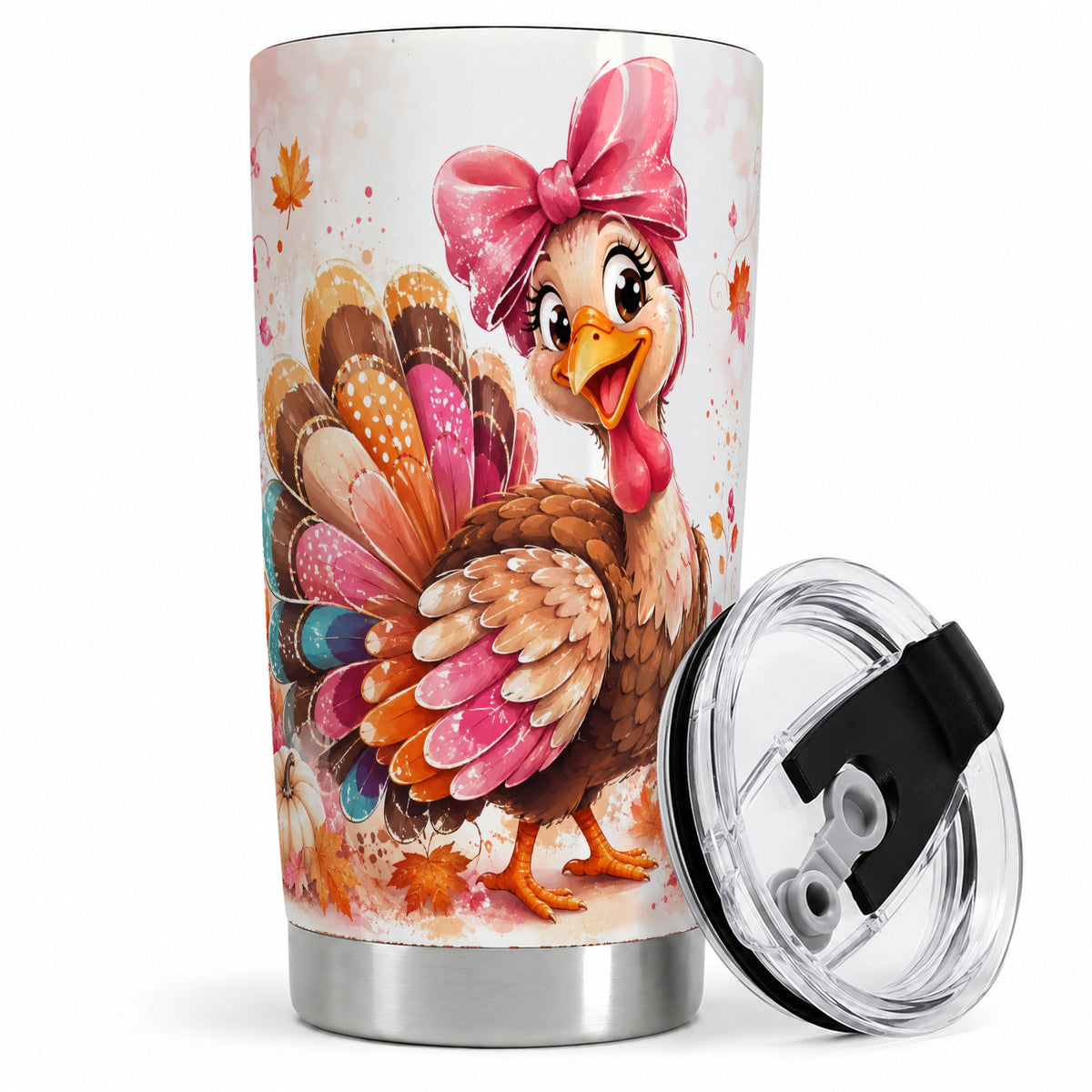 Colorful Thanksgiving Turkey Tumbler, 20oz Tumbler with Pink Bow Art