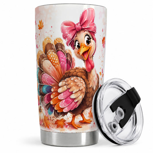 Colorful Thanksgiving Turkey Tumbler, 20oz Tumbler with Pink Bow Art