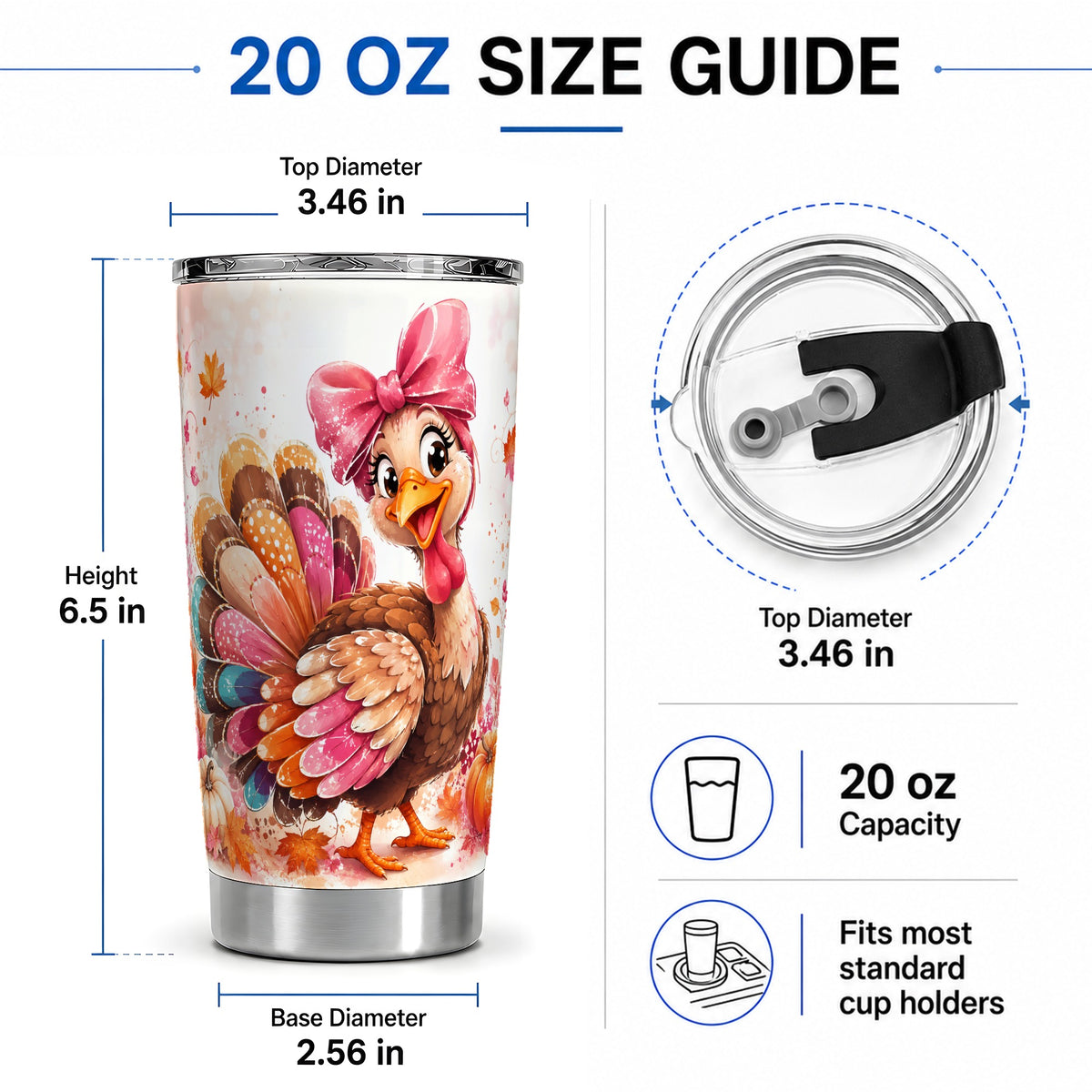 #pl[20oz|Steel] Colorful Thanksgiving Turkey Tumbler, 20oz Tumbler with Pink Bow Art