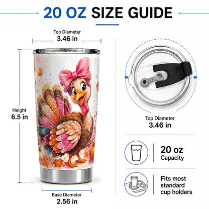 #pl[20oz|Steel] Colorful Thanksgiving Turkey Tumbler, 20oz Tumbler with Pink Bow Art