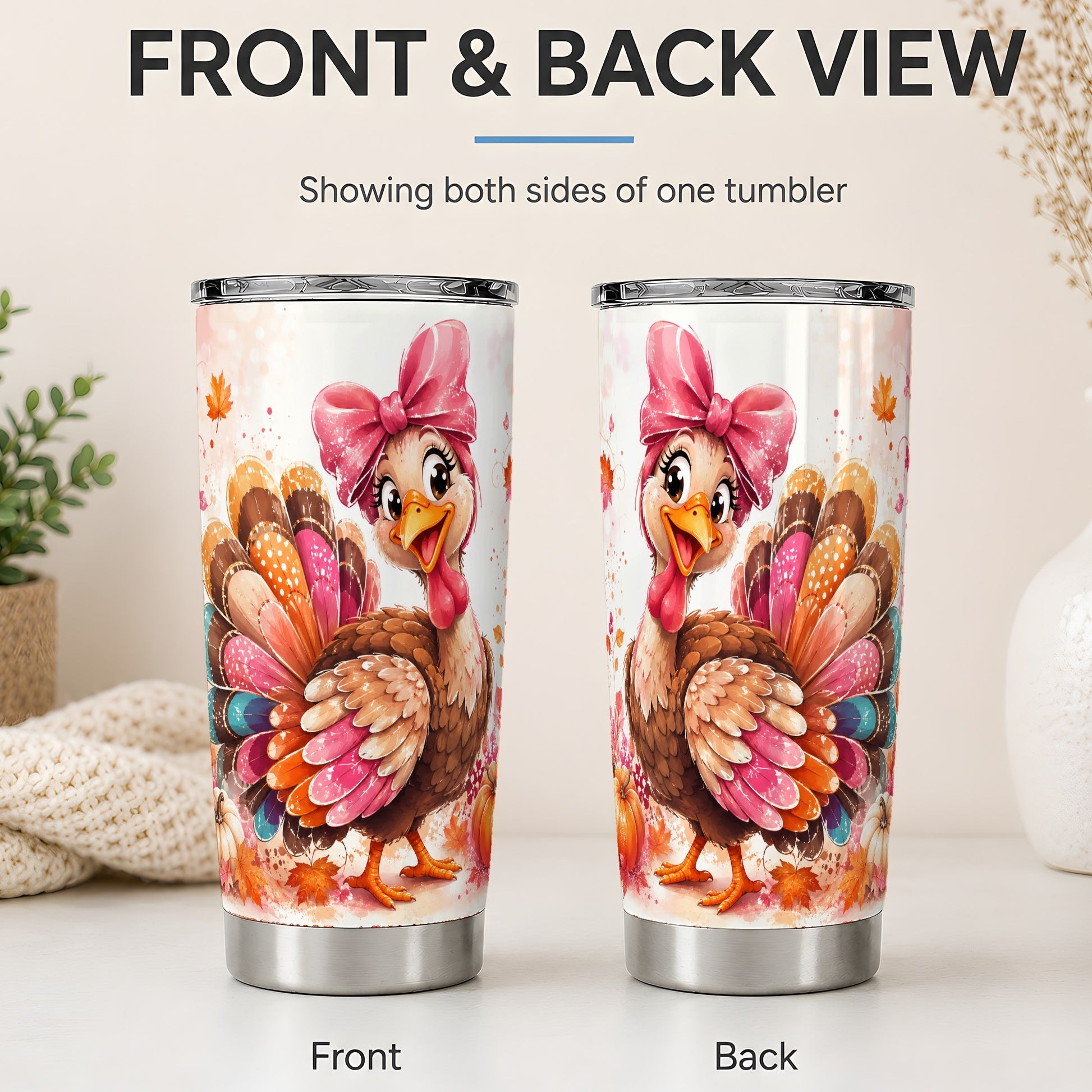 #pl[20oz|Steel] Colorful Thanksgiving Turkey Tumbler, 20oz Tumbler with Pink Bow Art