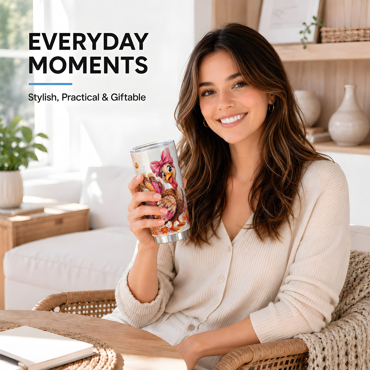 #pl[20oz|Steel] Colorful Thanksgiving Turkey Tumbler, 20oz Tumbler with Pink Bow Art