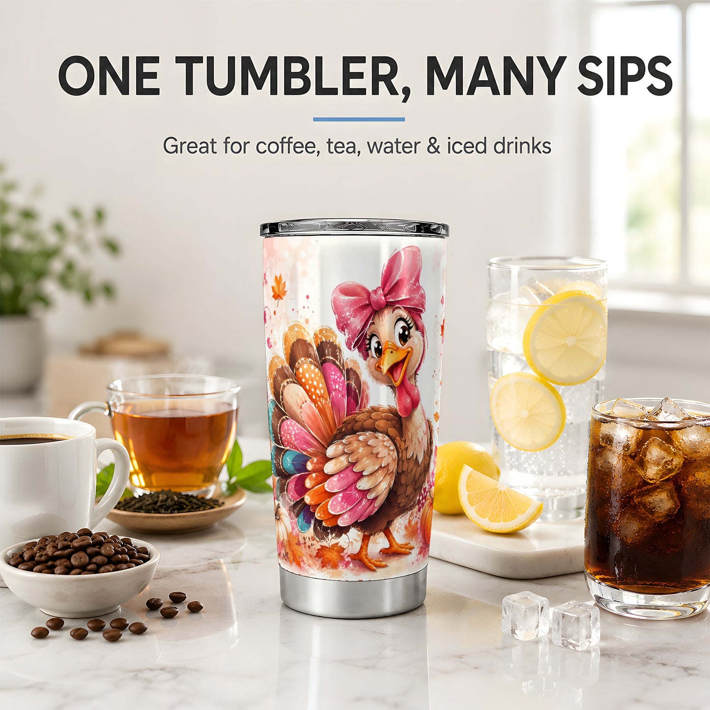 #pl[20oz|Steel] Colorful Thanksgiving Turkey Tumbler, 20oz Tumbler with Pink Bow Art