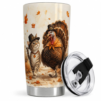 Thanksgiving Cat and Turkey Tumbler, 20oz Tumbler with Pilgrim Hats
