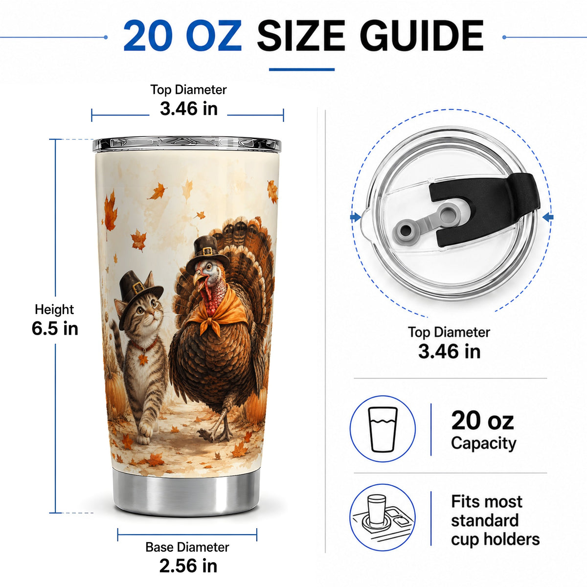 #pl[20oz|Steel] Thanksgiving Cat and Turkey Tumbler, 20oz Tumbler with Pilgrim Hats