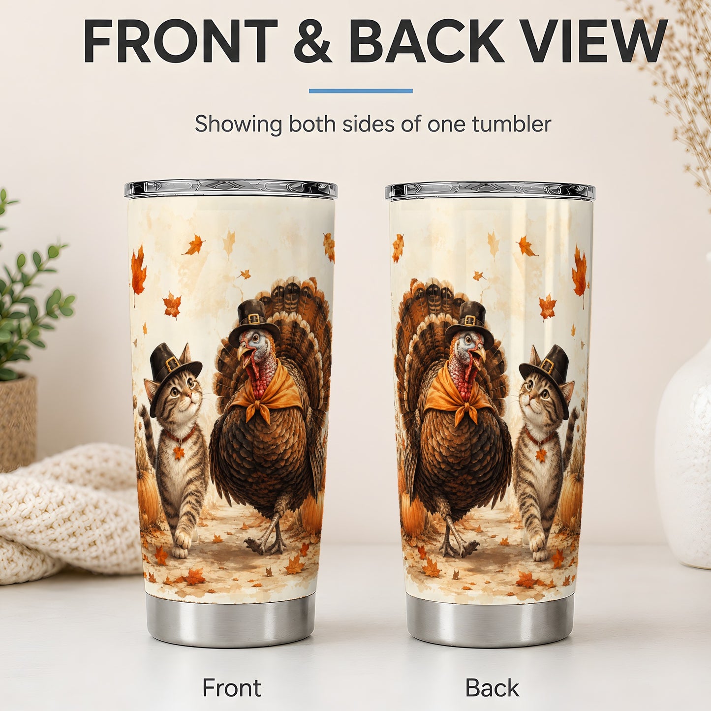 #pl[20oz|Steel] Thanksgiving Cat and Turkey Tumbler, 20oz Tumbler with Pilgrim Hats