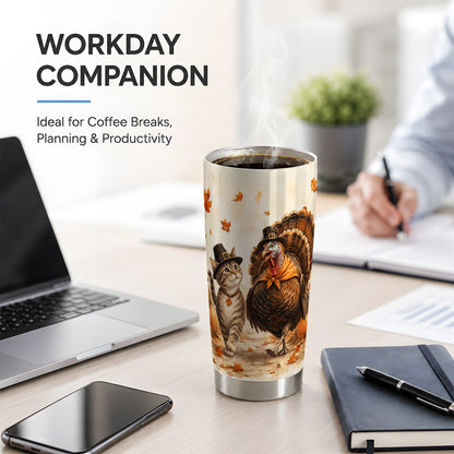 #pl[20oz|Steel] Thanksgiving Cat and Turkey Tumbler, 20oz Tumbler with Pilgrim Hats