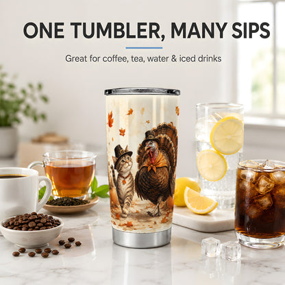 #pl[20oz|Steel] Thanksgiving Cat and Turkey Tumbler, 20oz Tumbler with Pilgrim Hats