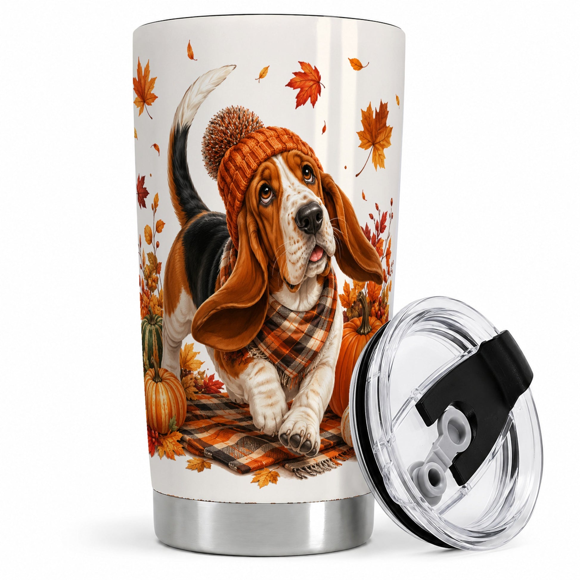 Autumn Basset Hound Tumbler, 20oz Tumbler with Pumpkin Fall Artwork