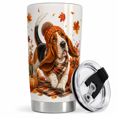 Autumn Basset Hound Tumbler, 20oz Tumbler with Pumpkin Fall Artwork