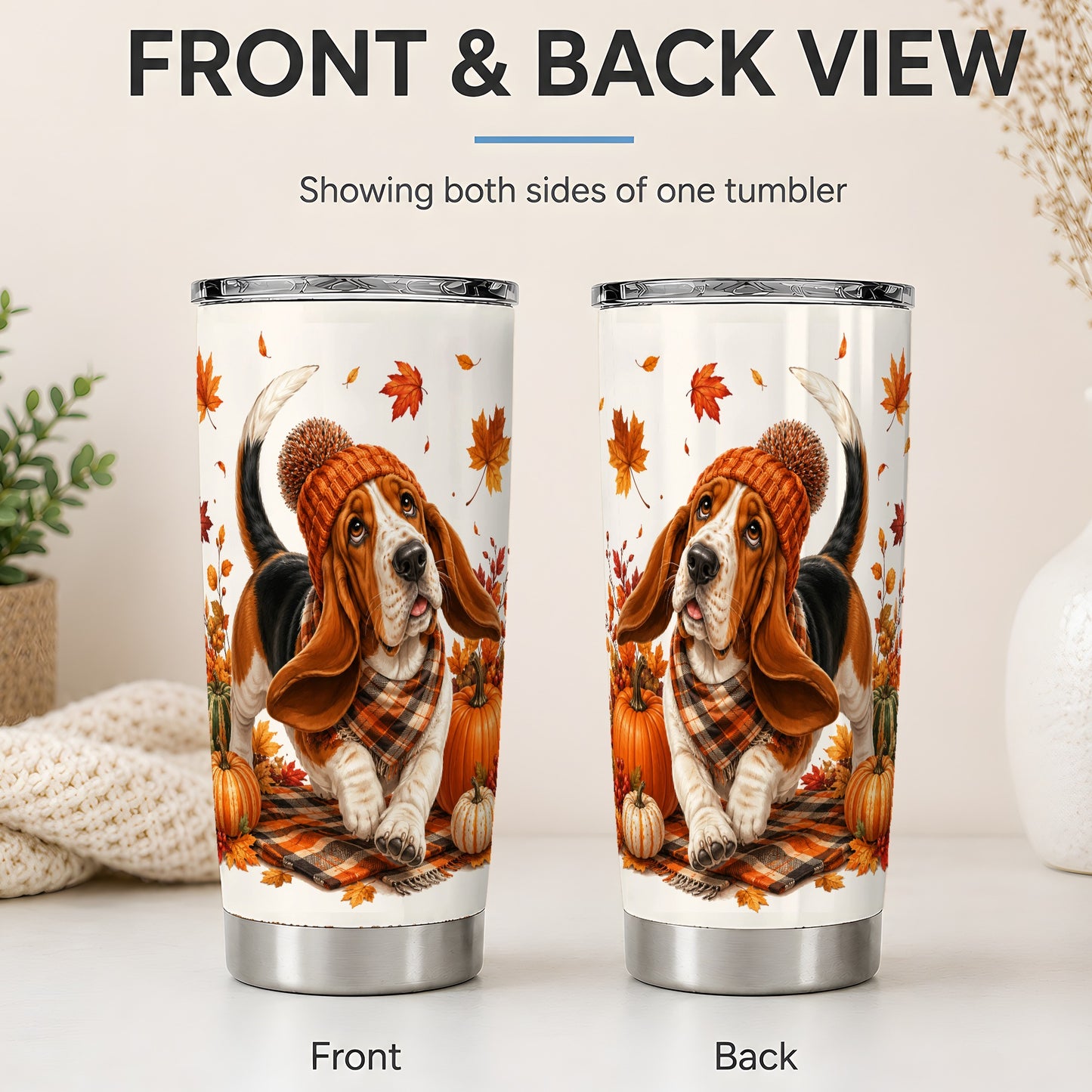#pl[20oz|Steel] Autumn Basset Hound Tumbler, 20oz Tumbler with Pumpkin Fall Artwork