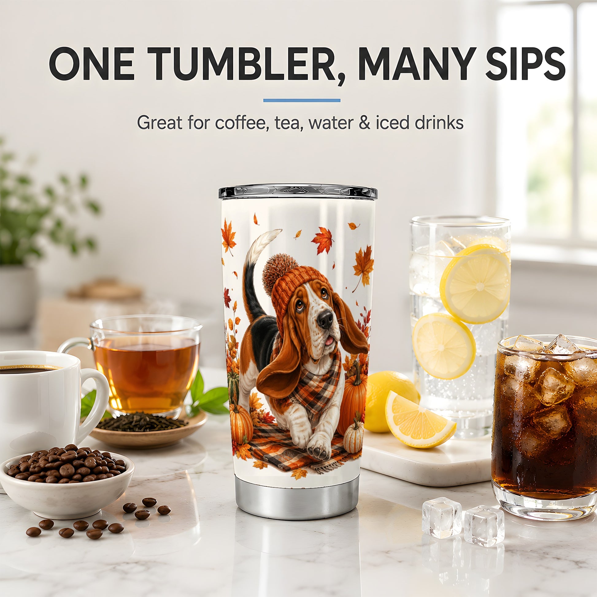 #pl[20oz|Steel] Autumn Basset Hound Tumbler, 20oz Tumbler with Pumpkin Fall Artwork