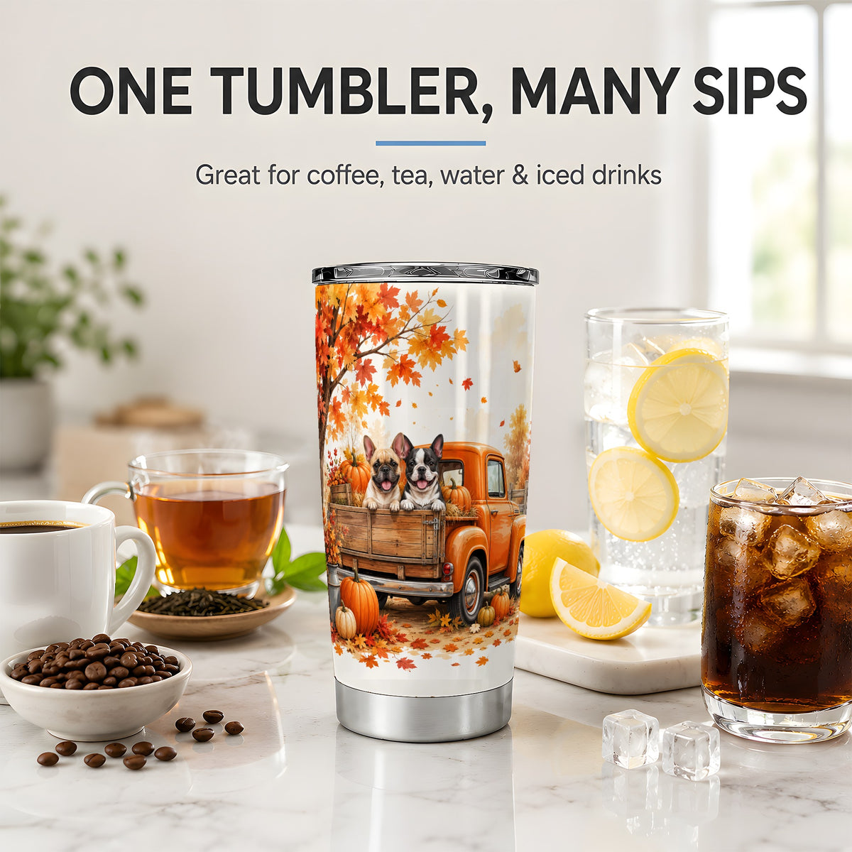 #pl[20oz|Steel] Autumn Dogs Pickup Truck Tumbler, 20oz Tumbler with Pumpkin Artwork