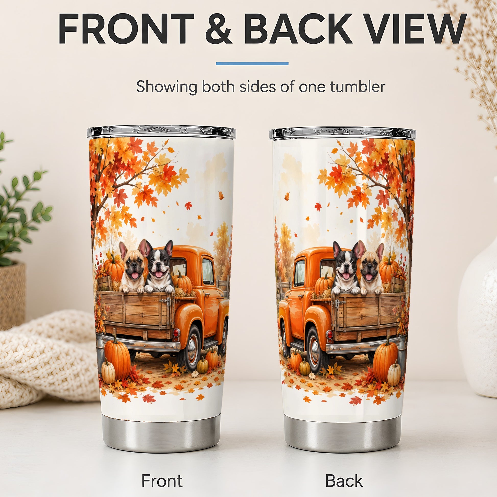 #pl[20oz|Steel] Autumn Dogs Pickup Truck Tumbler, 20oz Tumbler with Pumpkin Artwork