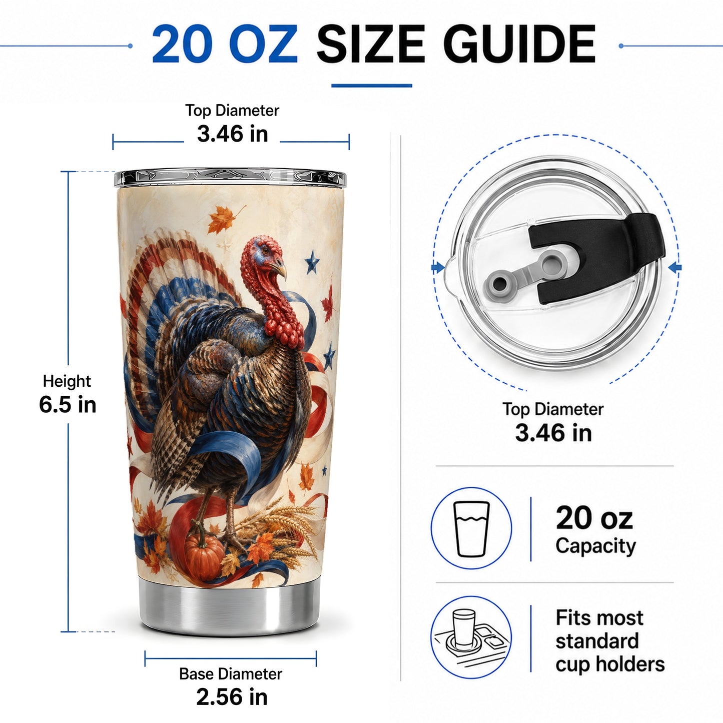#pl[20oz|Steel] Patriotic Thanksgiving Turkey Tumbler, 20oz Tumbler with Fall Artwork