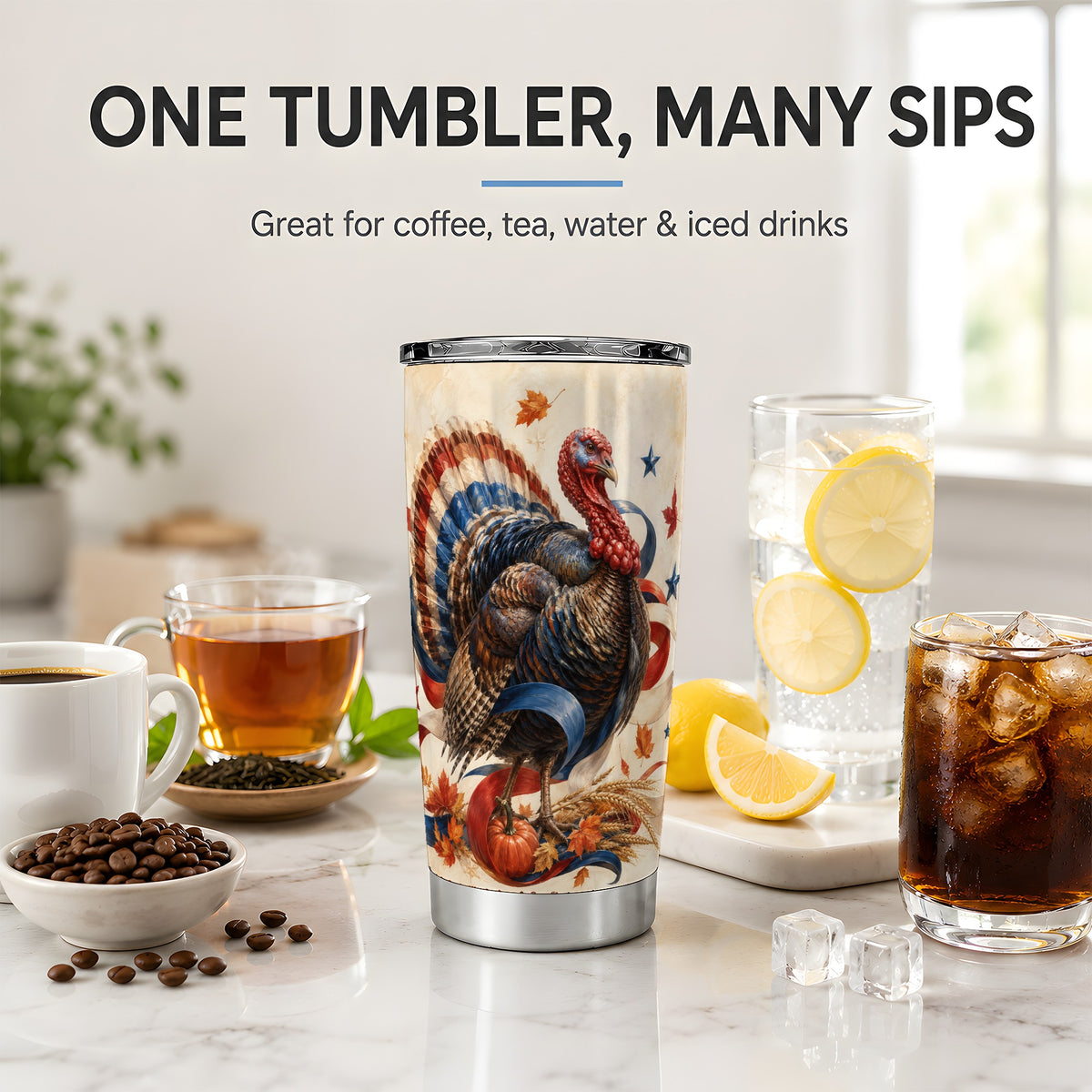 #pl[20oz|Steel] Patriotic Thanksgiving Turkey Tumbler, 20oz Tumbler with Fall Artwork