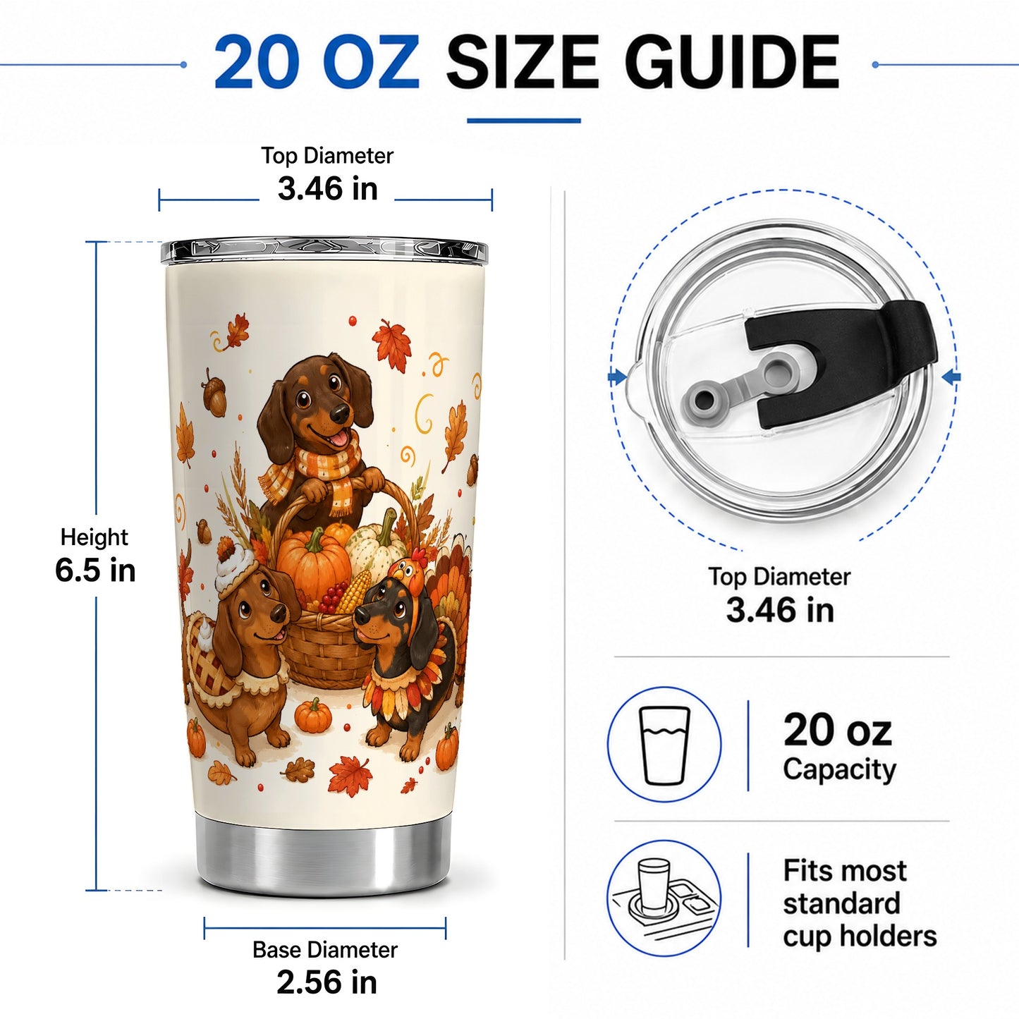#pl[20oz|Steel] Thanksgiving Dachshund Tumbler, 20oz Tumbler with Turkey and Pie Art
