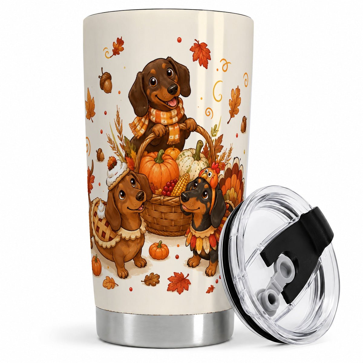 Thanksgiving Dachshund Tumbler, 20oz Tumbler with Turkey and Pie Art