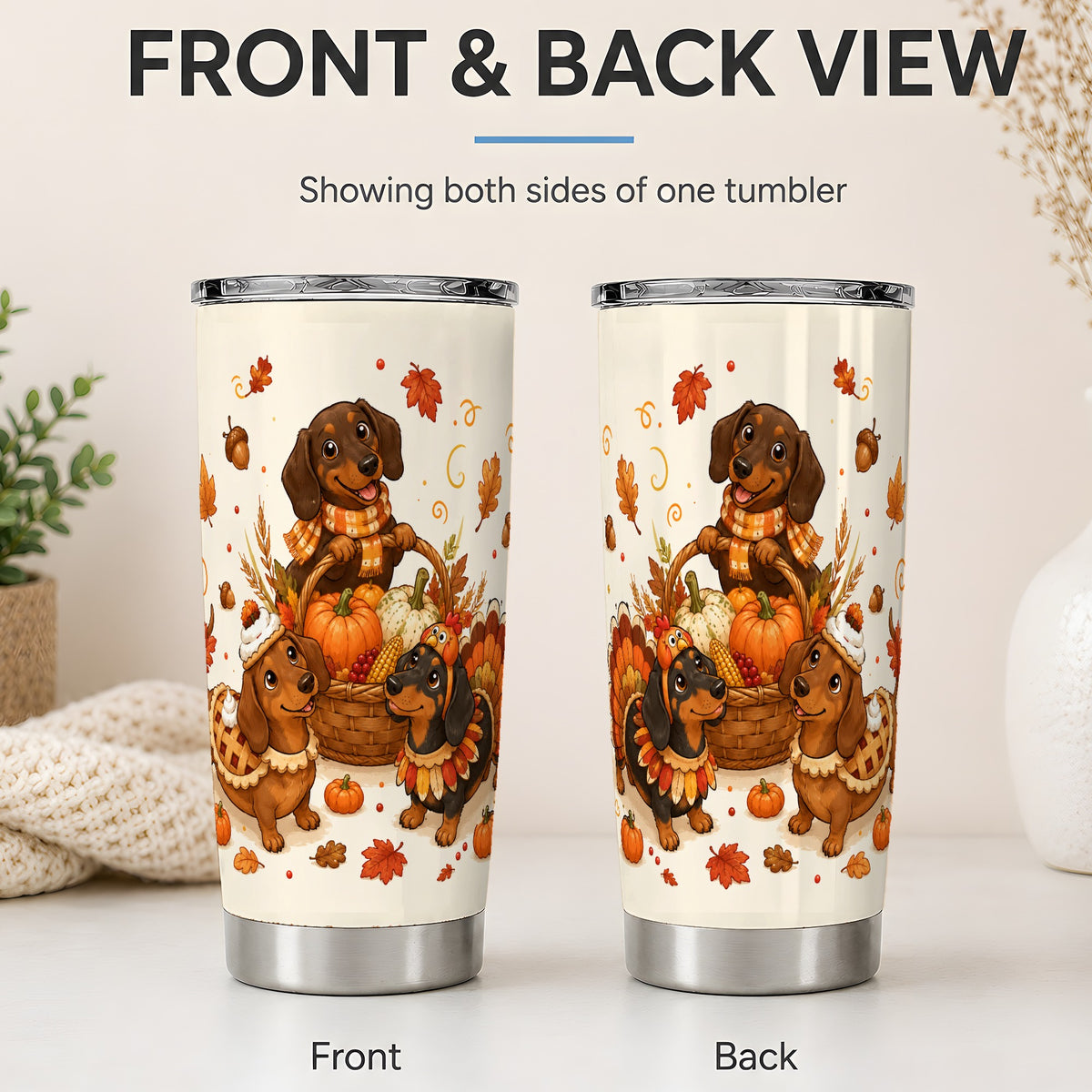 #pl[20oz|Steel] Thanksgiving Dachshund Tumbler, 20oz Tumbler with Turkey and Pie Art