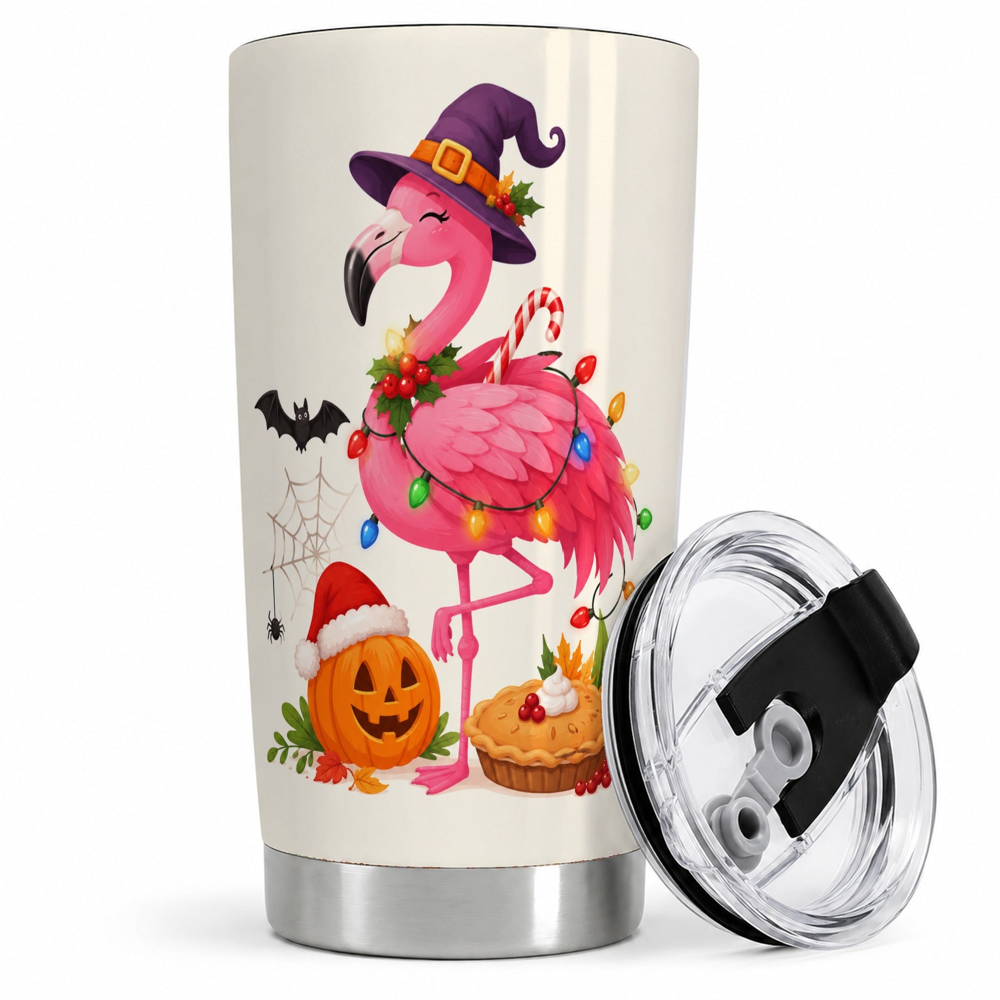 Festive Flamingo Tumbler, 20oz Tumbler with Holiday Pumpkin Artwork