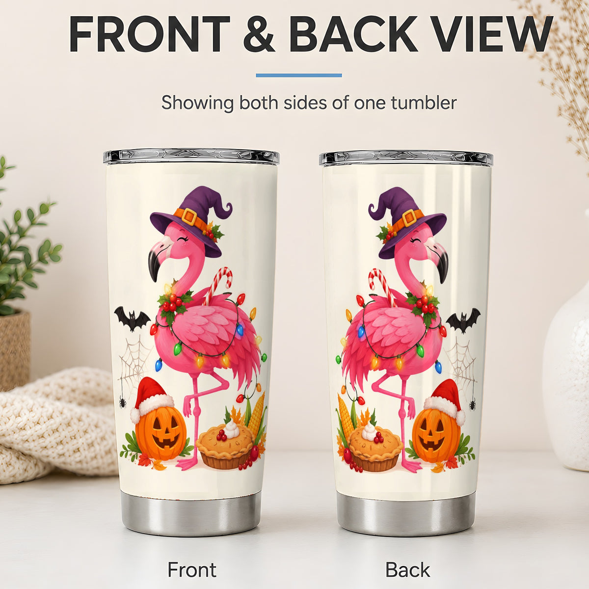 #pl[20oz|Steel] Festive Flamingo Tumbler, 20oz Tumbler with Holiday Pumpkin Artwork