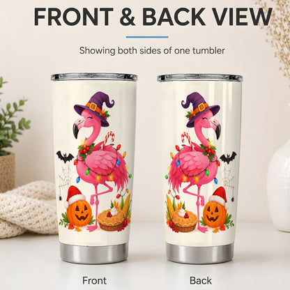 #pl[20oz|Steel] Festive Flamingo Tumbler, 20oz Tumbler with Holiday Pumpkin Artwork