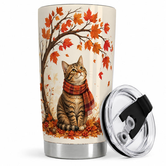 Autumn Cat Tumbler, 20oz Tumbler with Scarf and Maple Leaves Artwork