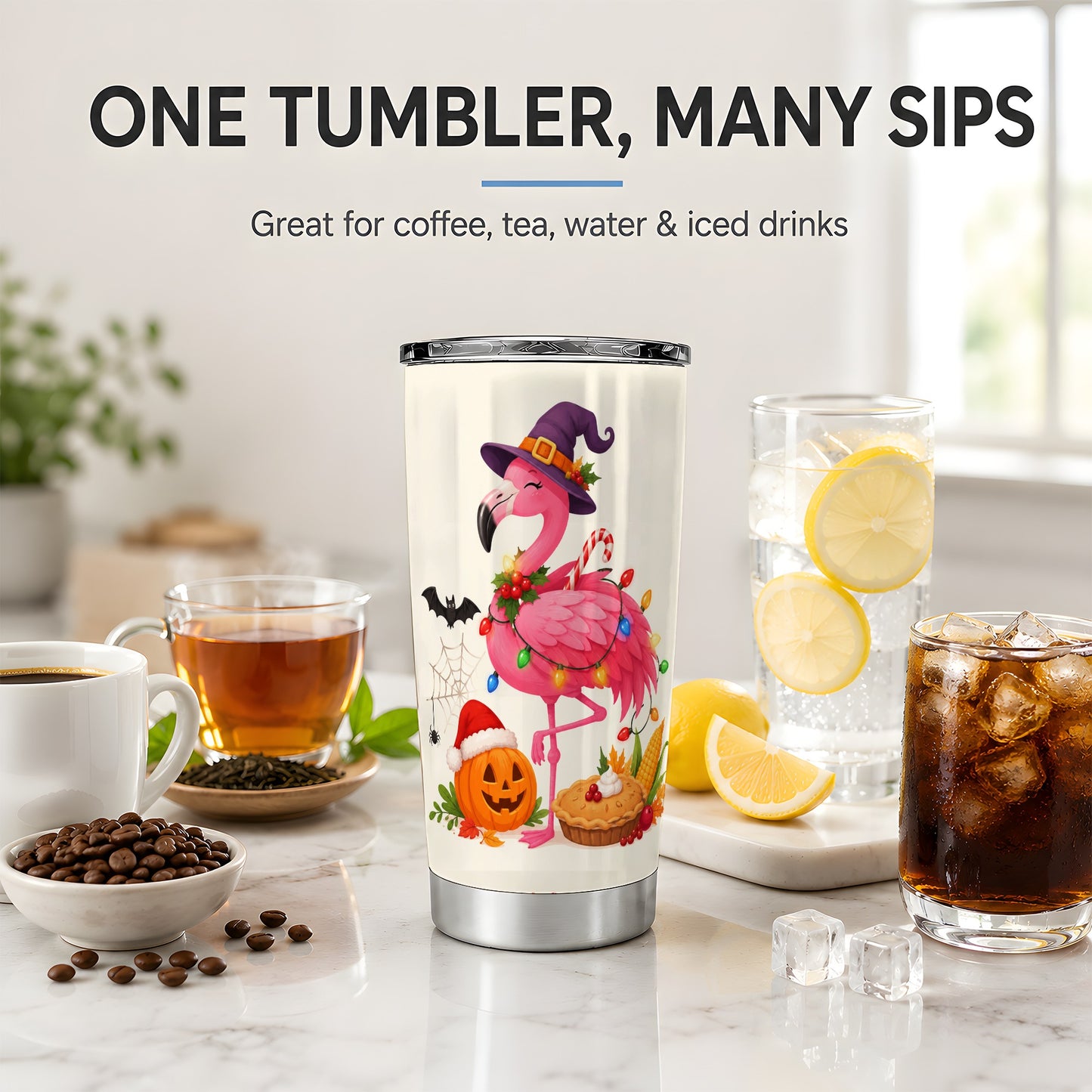 #pl[20oz|Steel] Festive Flamingo Tumbler, 20oz Tumbler with Holiday Pumpkin Artwork