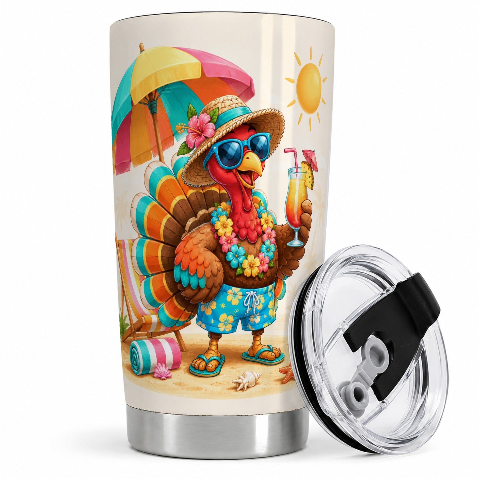 Tropical Turkey Tumbler, 20oz Tumbler with Beach Vacation Artwork