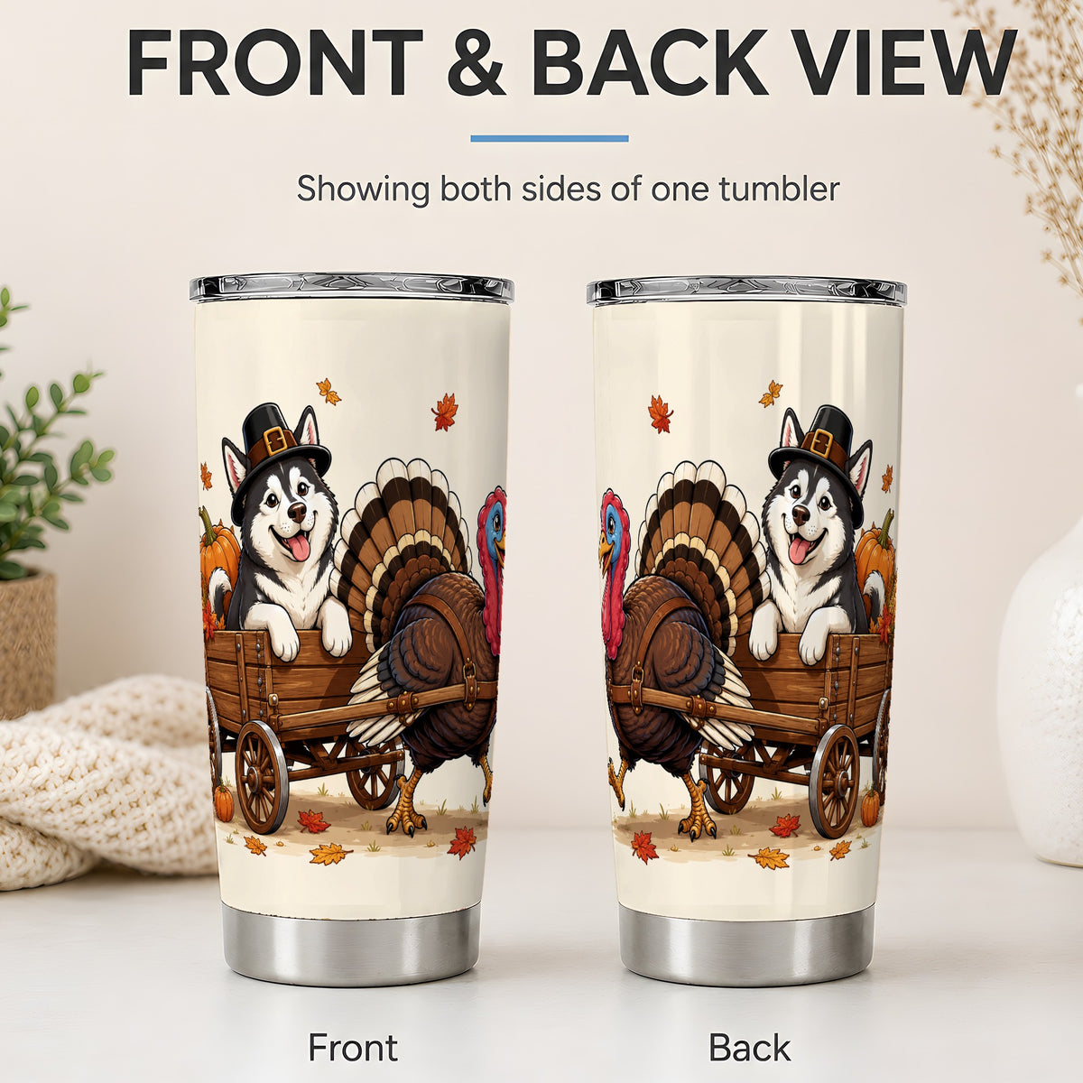 #pl[20oz|Steel] Thanksgiving Husky Wagon Tumbler, 20oz Tumbler with Turkey Artwork