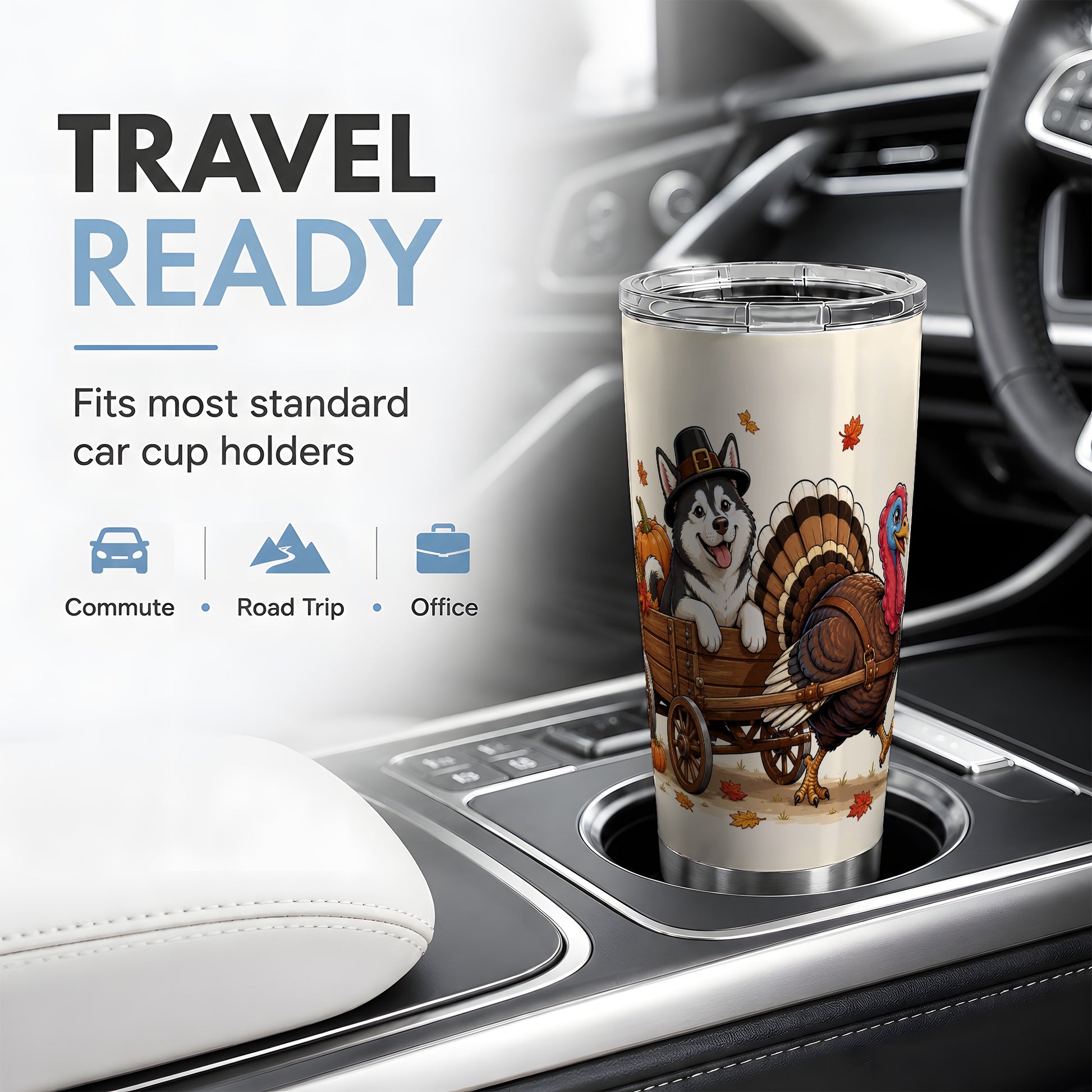 #pl[20oz|Steel] Thanksgiving Husky Wagon Tumbler, 20oz Tumbler with Turkey Artwork
