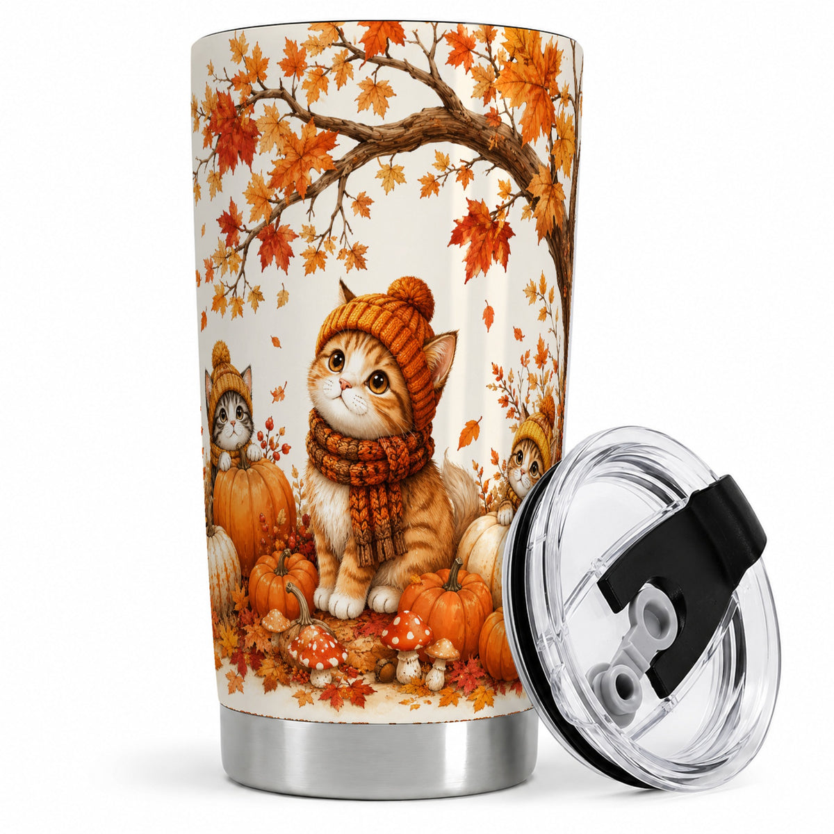 Autumn Kittens Tumbler, 20oz Tumbler with Pumpkins and Mushrooms Art
