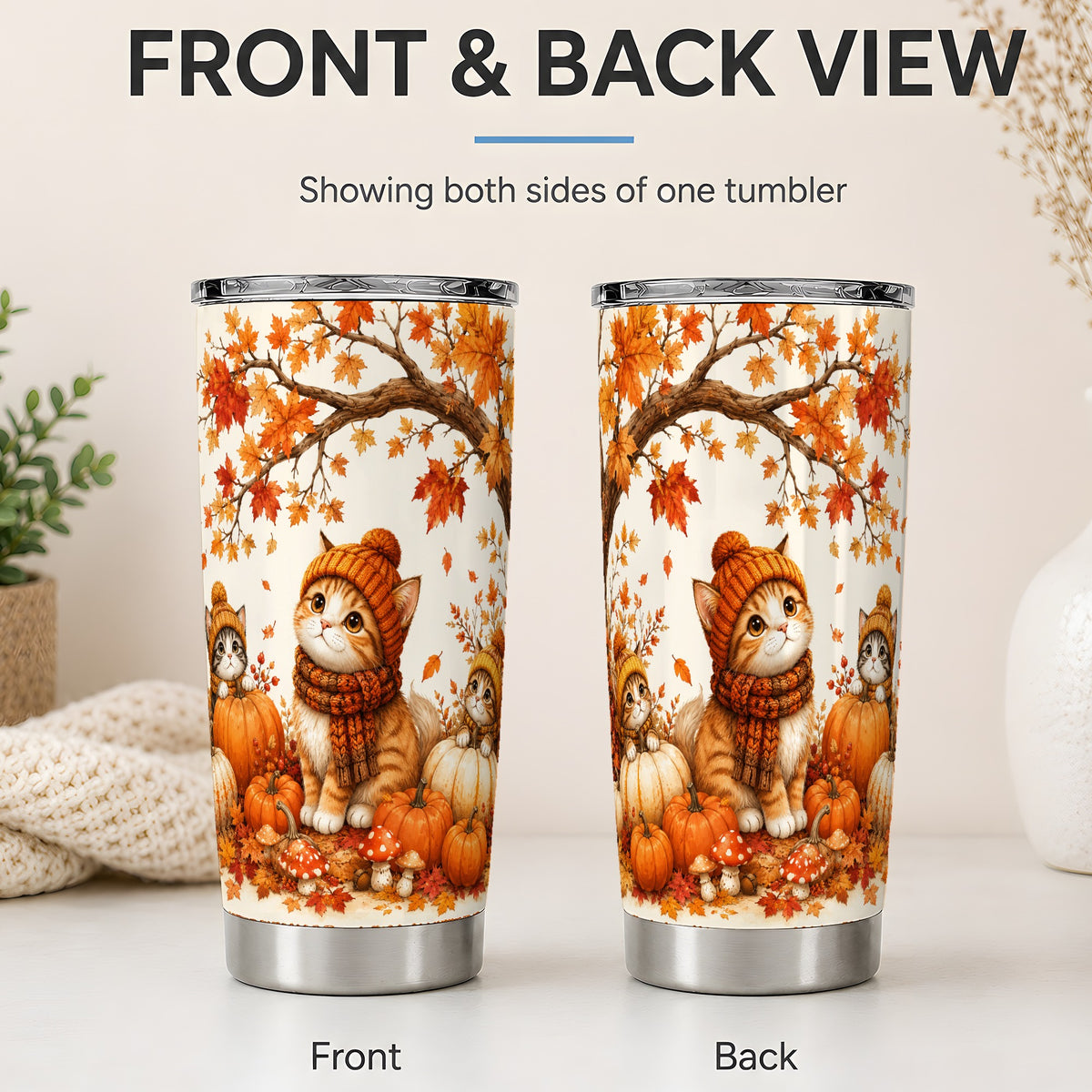 #pl[20oz|Steel] Autumn Kittens Tumbler, 20oz Tumbler with Pumpkins and Mushrooms Art