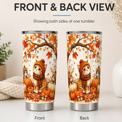 #pl[20oz|Steel] Autumn Kittens Tumbler, 20oz Tumbler with Pumpkins and Mushrooms Art