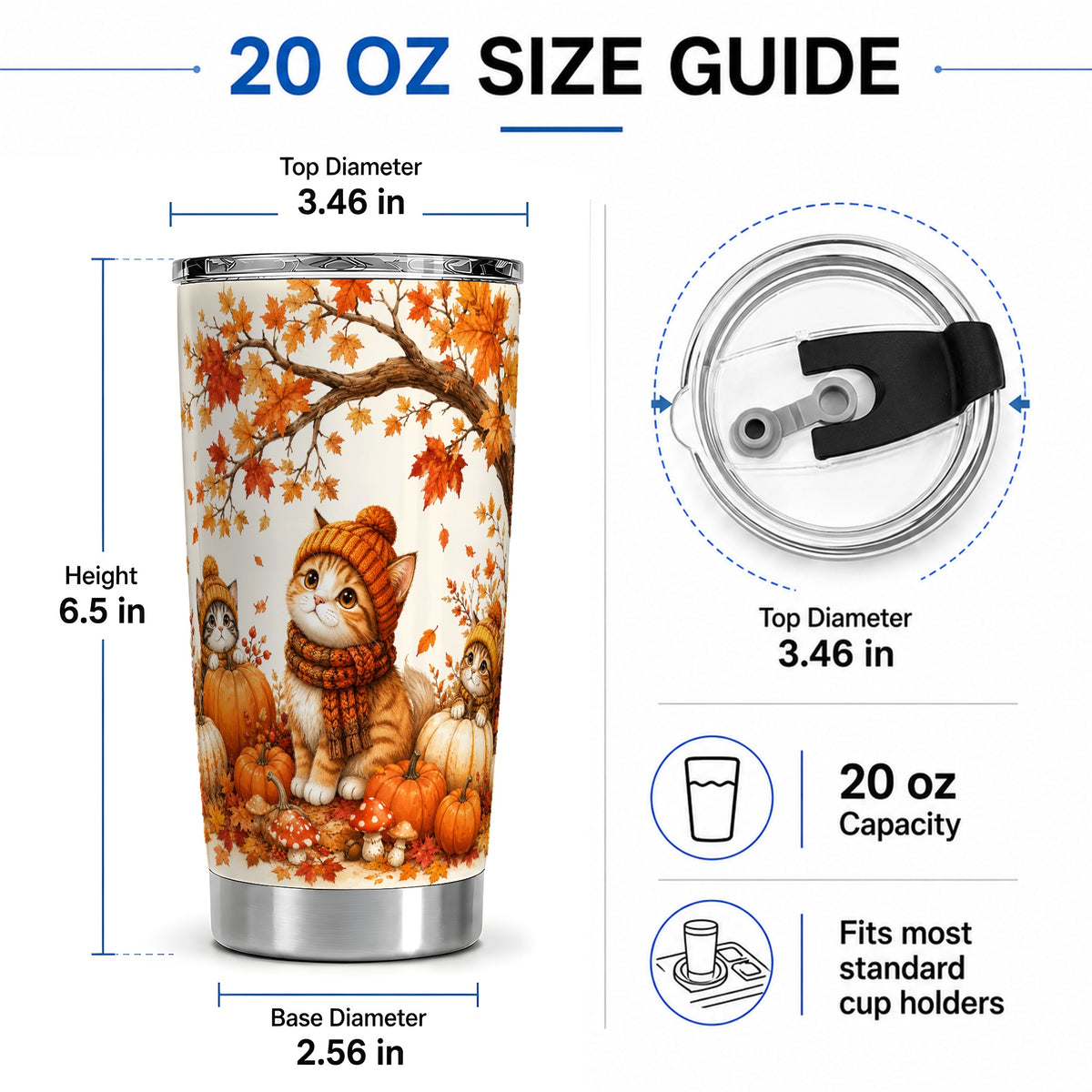 #pl[20oz|Steel] Autumn Kittens Tumbler, 20oz Tumbler with Pumpkins and Mushrooms Art