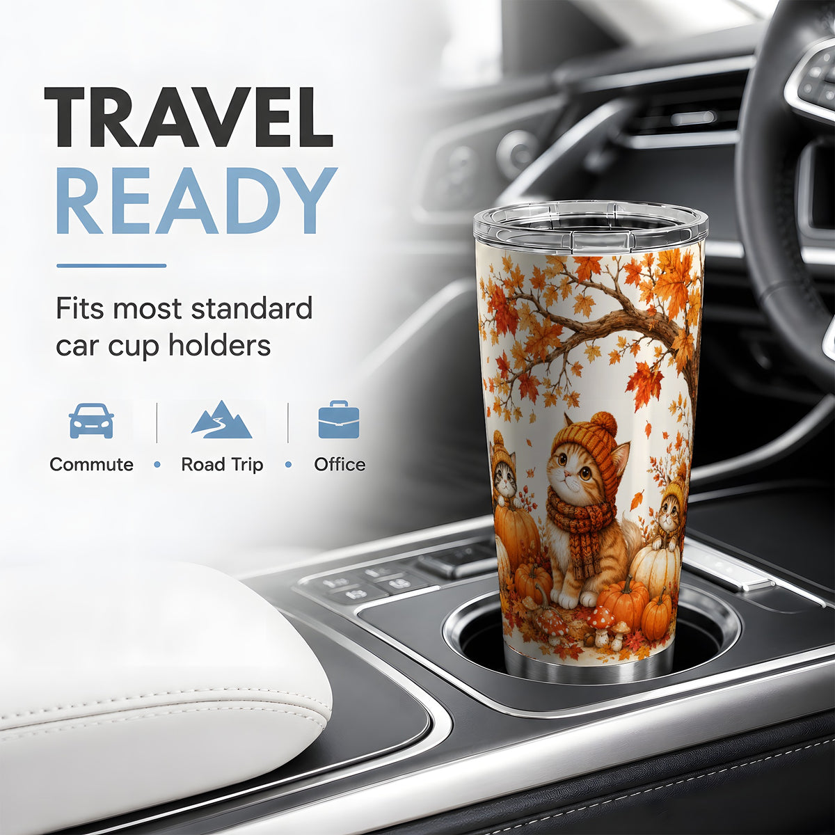 #pl[20oz|Steel] Autumn Kittens Tumbler, 20oz Tumbler with Pumpkins and Mushrooms Art