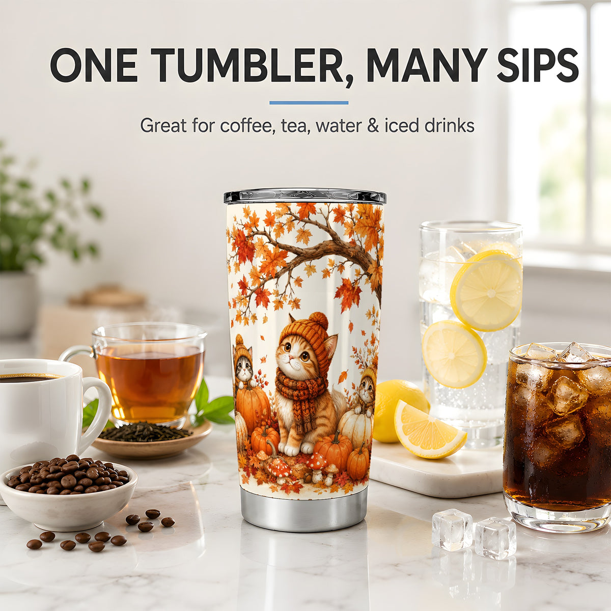 #pl[20oz|Steel] Autumn Kittens Tumbler, 20oz Tumbler with Pumpkins and Mushrooms Art