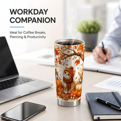 #pl[20oz|Steel] Autumn Kittens Tumbler, 20oz Tumbler with Pumpkins and Mushrooms Art