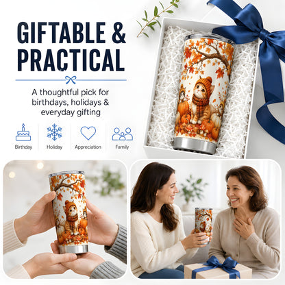 #pl[20oz|Steel] Autumn Kittens Tumbler, 20oz Tumbler with Pumpkins and Mushrooms Art