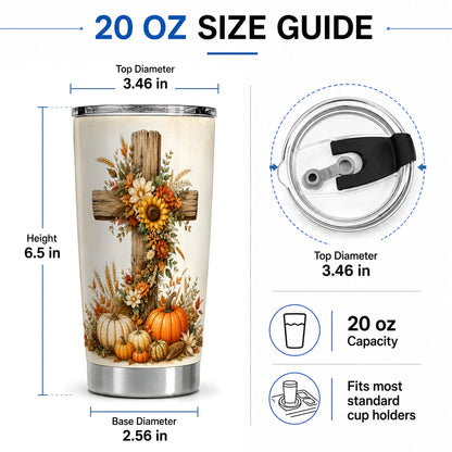 #pl[20oz|Steel] Autumn Cross Tumbler, 20oz Tumbler with Sunflowers and Pumpkins Art