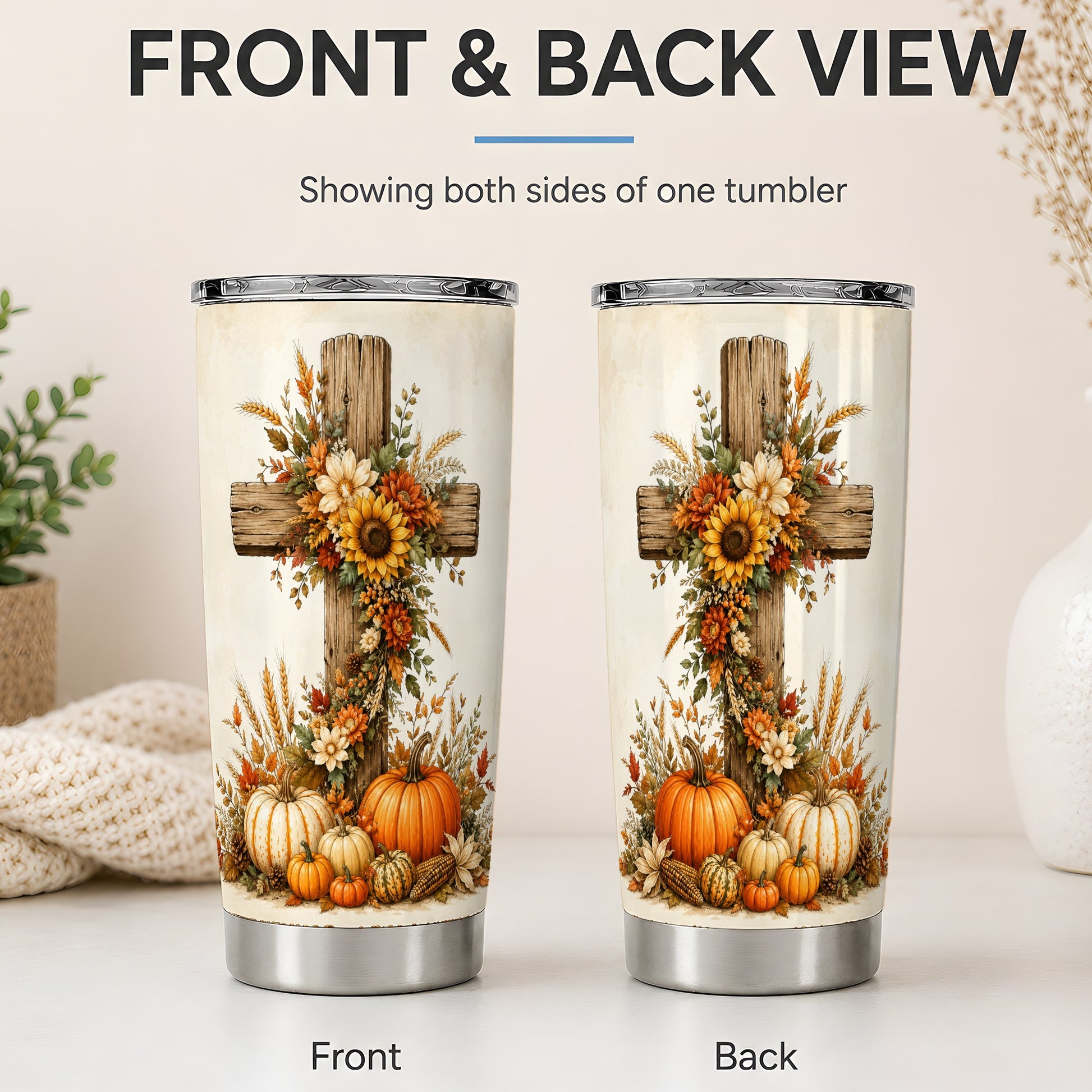#pl[20oz|Steel] Autumn Cross Tumbler, 20oz Tumbler with Sunflowers and Pumpkins Art