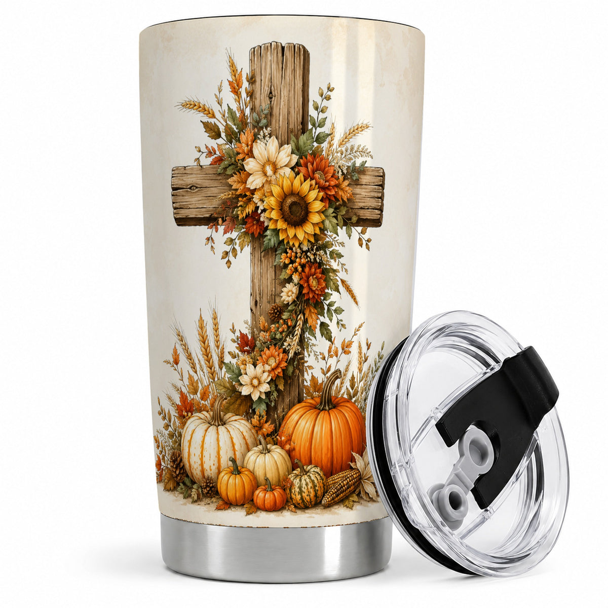 Autumn Cross Tumbler, 20oz Tumbler with Sunflowers and Pumpkins Art