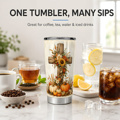 #pl[20oz|Steel] Autumn Cross Tumbler, 20oz Tumbler with Sunflowers and Pumpkins Art