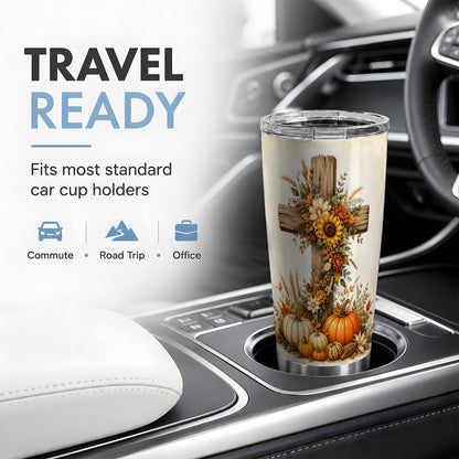 #pl[20oz|Steel] Autumn Cross Tumbler, 20oz Tumbler with Sunflowers and Pumpkins Art