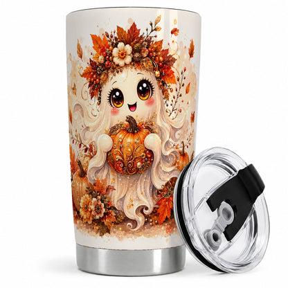 Cute Autumn Ghost Tumbler, 20oz Tumbler with Ornate Pumpkin Artwork