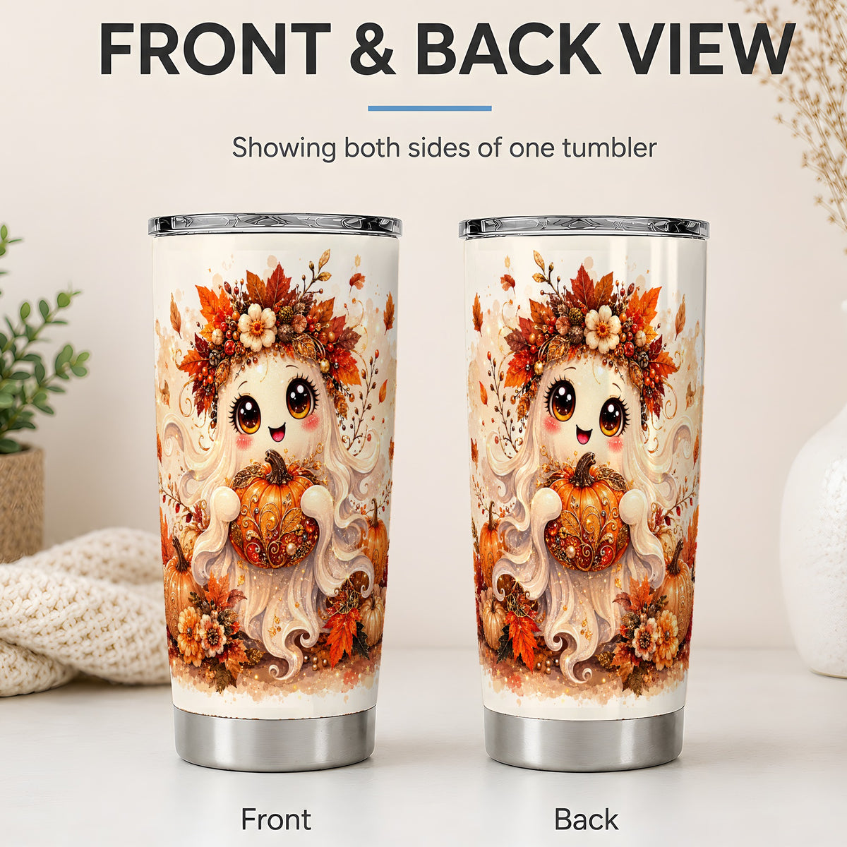 #pl[20oz|Steel] Cute Autumn Ghost Tumbler, 20oz Tumbler with Ornate Pumpkin Artwork
